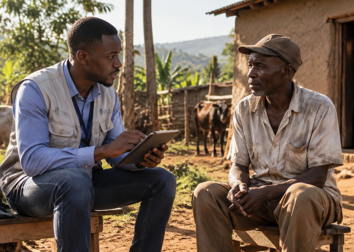 Field enumerator collecting survey data from a farmer on a tablet during household data collection